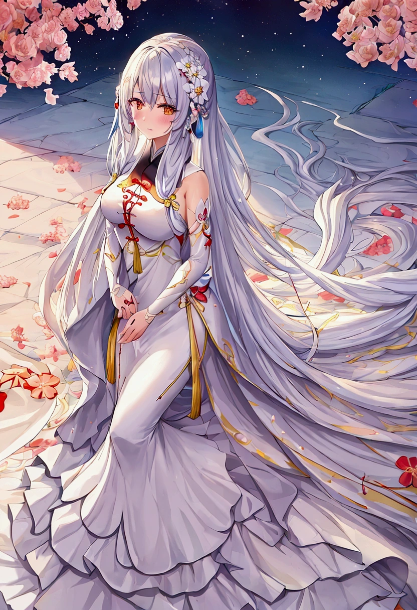a woman in a white dress with long hair and a flower in her hair, an anime drawing by Yang J, pixiv, shin hanga, full body xianxia, xianxia hero, anime goddess, heise jinyao, xianxia, shuushuu anime image, bian lian, female anime character, marin kitagawa fanart