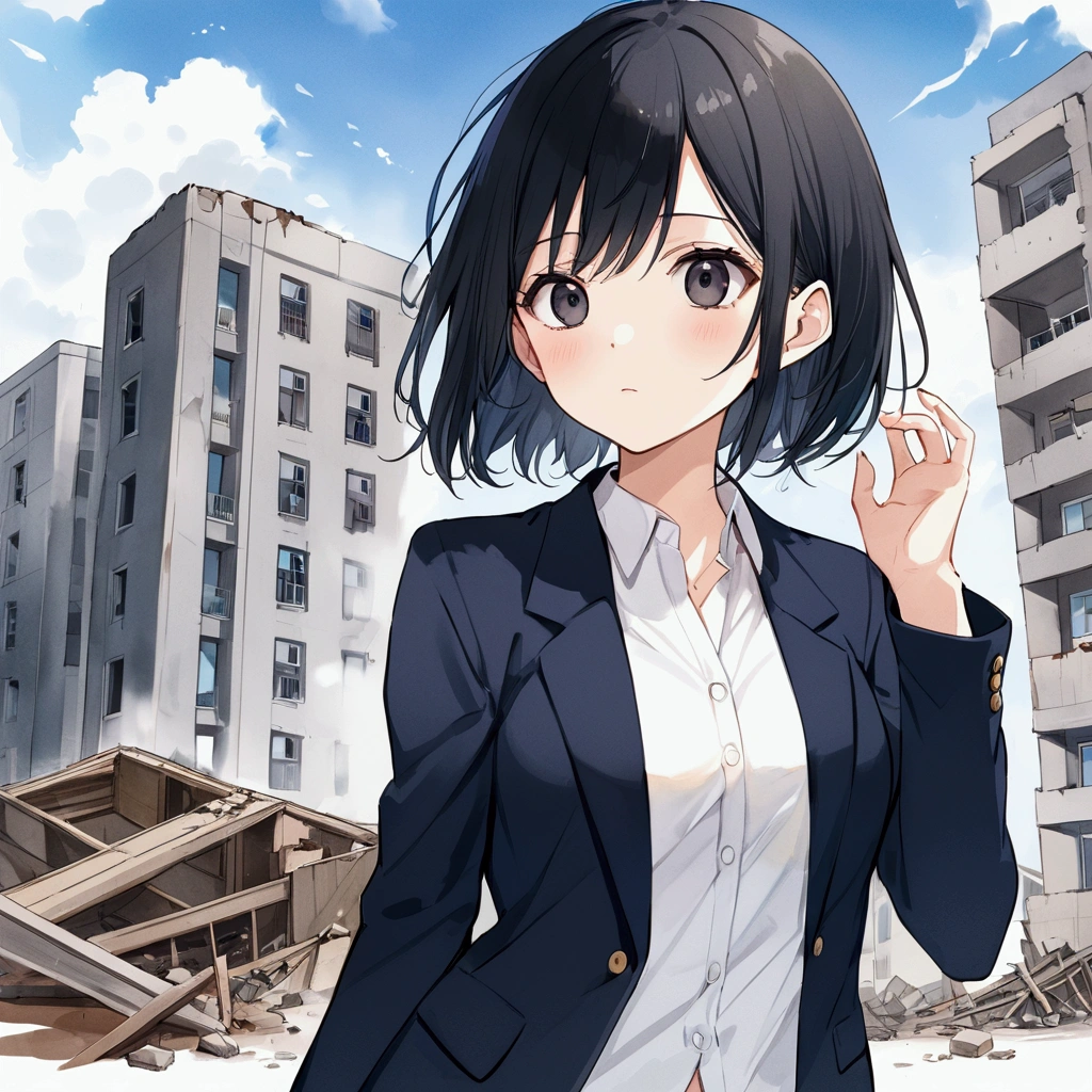 cute woman, bigger than a building,destroy the building , 7:3 parting, semi-long, black hair, black eyes, Navy blazer, white shirt, blue sky , anime, watarcolor