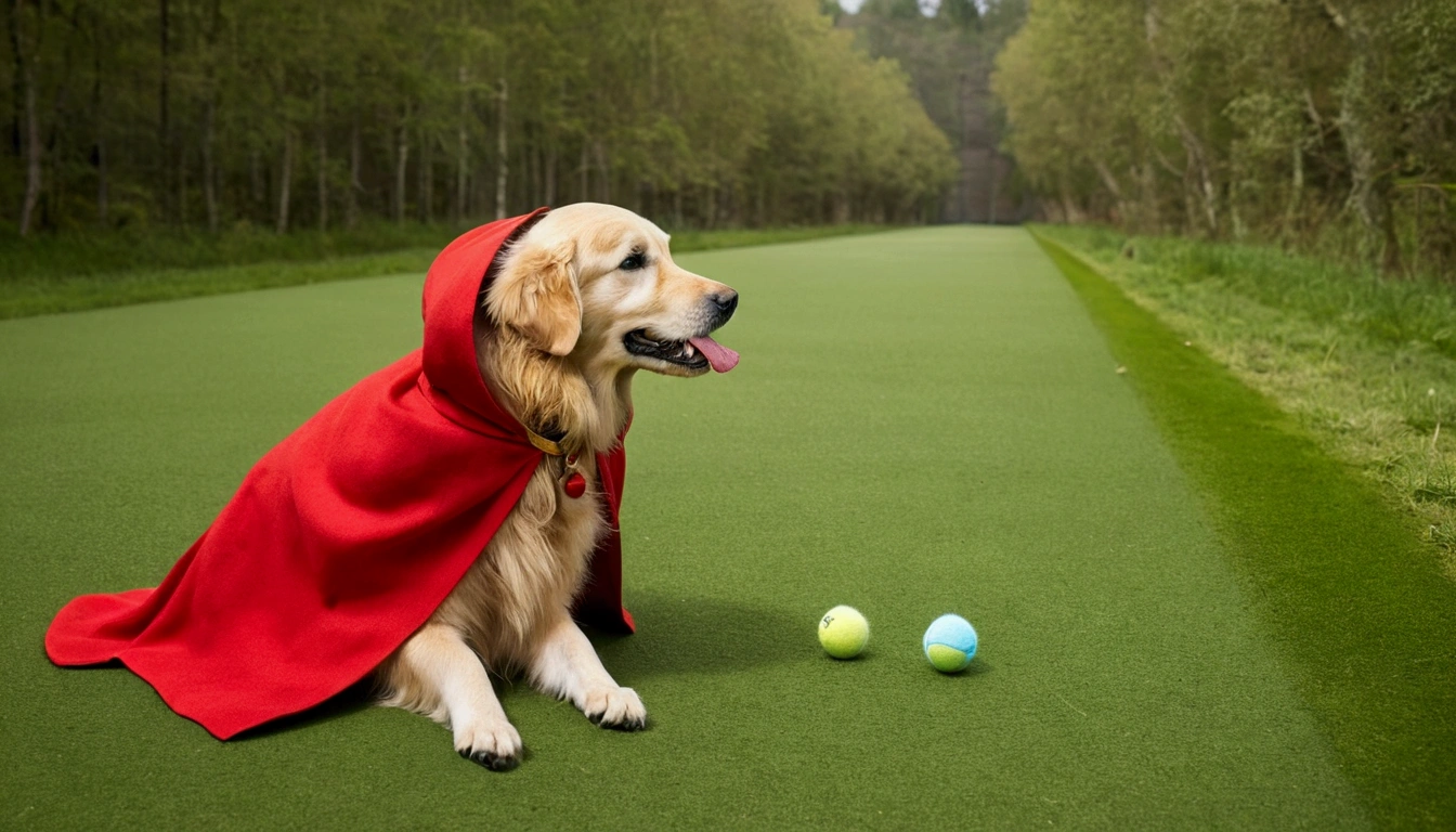 Golden Retriever on an adventure with his friendly owl searching for tennis balls, design, Book, Wearing a Little Red Riding Hood