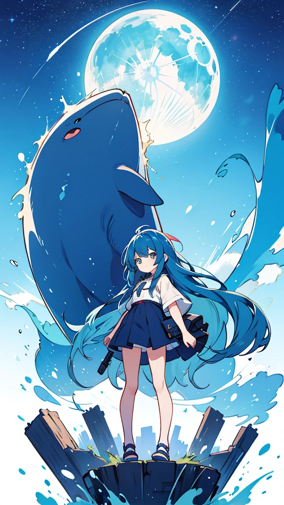 Blue-haired long hair,Design clothing,Seven-doppelganger shot,Anime style 4K,Anime girl with teal hair,High quality anime art style,Standing painting,Splash ink background,Blue Themes、Pure white background,Buildings,Face close-up,Buildings,Moon and sun、giant whale,Shining Star々,milky way,Bright Sky,Looking at me,Facing forward,Clear eyes and nose,cute,beautiful,Thin legs