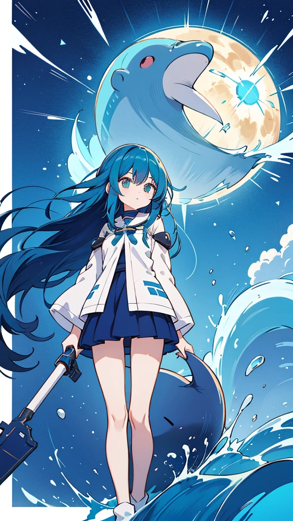 Blue-haired long hair,Design clothing,Seven-doppelganger shot,Anime style 4K,Anime girl with teal hair,High quality anime art style,Standing painting,Splash ink background,Blue Themes、Pure white background,Buildings,Face close-up,Buildings,Moon and sun、giant whale,Shining Star々,milky way,Bright Sky,Looking at me,Facing forward,Clear eyes and nose,cute,beautiful,Thin legs