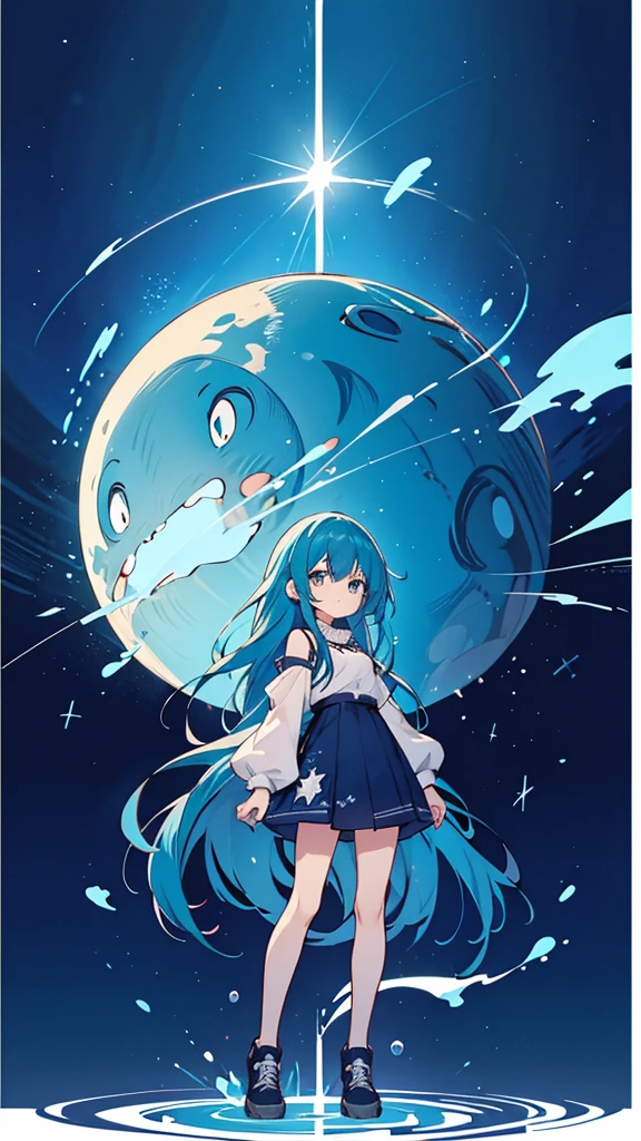 Blue-haired long hair,Design clothing,Seven-doppelganger shot,Anime style 4K,Anime girl with teal hair,High quality anime art style,Standing painting,Splash ink background,Blue Themes、Pure white background,Buildings,Face close-up,Buildings,Moon and sun、giant whale,Shining Star々,milky way,Bright Sky,Looking at me,Facing forward,Clear eyes and nose,cute,beautiful,Thin legs