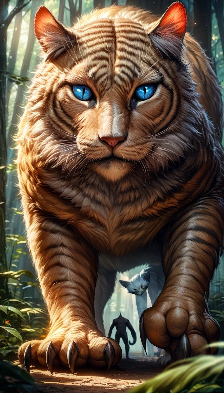 a massive, gigantic cat, extremely detailed, high quality, photorealistic, beautiful detailed eyes, beautiful detailed nose, beautiful detailed mouth, longeyelashes, majestic feline, hunting small human figures, incredibly detailed fur, sharp claws, intense predatory gaze, lush forest background, dramatic lighting, cinematic composition, vivid colors, intricate details