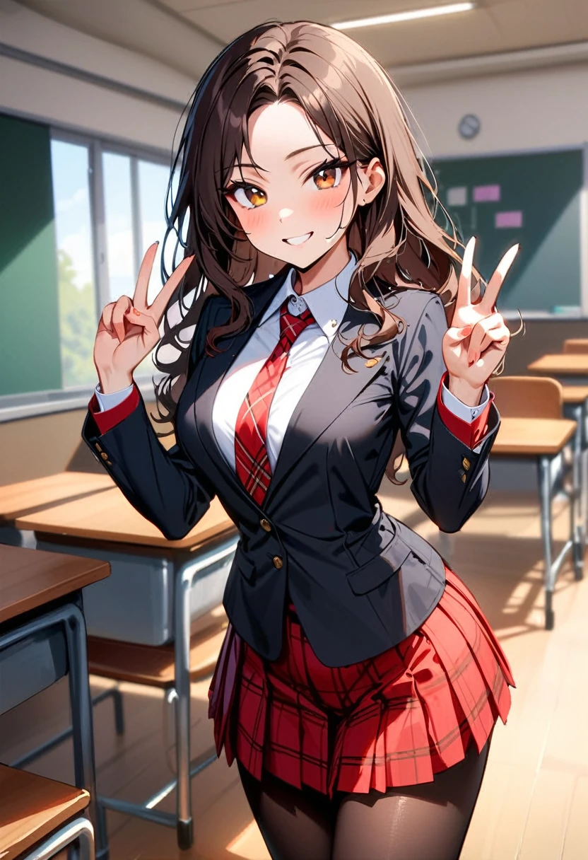 (masterpiece, best quality:1.3), A young woman, 19-years-old, average height, slender figure, solo, Korean, (long black wavy hair that's parted in the middle, no bangs:1.2), brown eyes, (black blazer, white shirt, red plaid necktie, red pleated skirt, black pantyhose:1.1), playful smile, bright smile, mature face, classroom, holding up a v-sign, upper body, looking at viewer