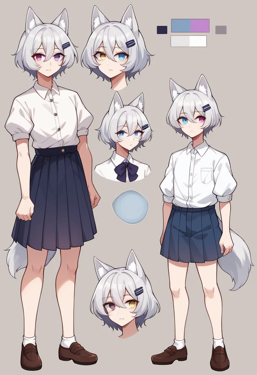 (masterpiece, best quality:1.2)((silver white hair))((heterochromia blue and violet eyes)),solo,1girl,((eyes tilted outwards)), mature_female, milf, animal_ears,averting_eyes,standing_fox_ears,fluffy_fox_tail,hair_between_eyes,basic_blue_hairpin,short_hair, bob_hair, casual_clothing, puffy_sleeves, wide_sleeves, girly_clothes, pleated_skirt, ((set of reference images from various angles))