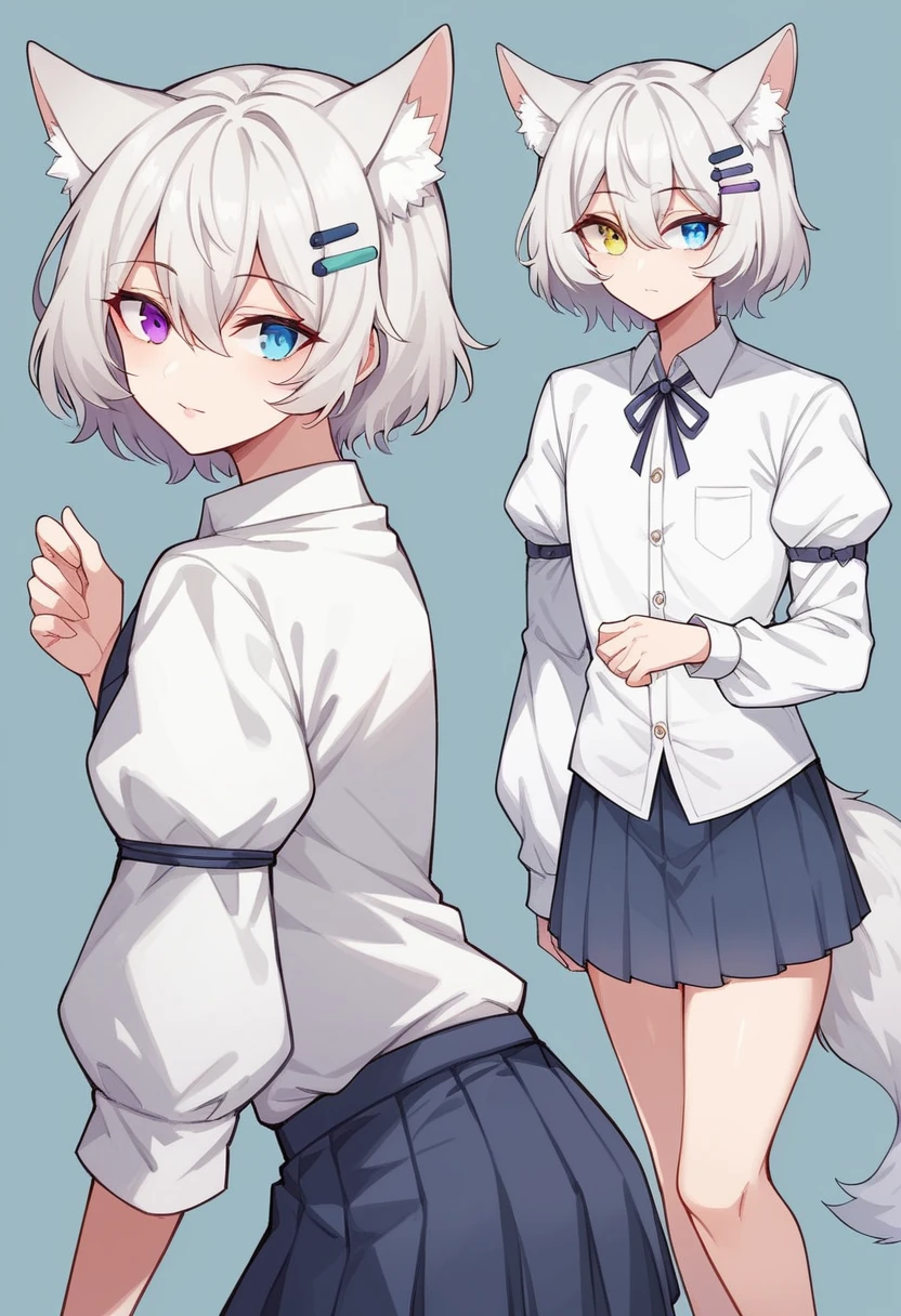 (masterpiece, best quality:1.2)((silver white hair))((heterochromia blue and violet eyes)),solo,1girl,((eyes tilted outwards)), mature_female, milf, animal_ears,averting_eyes,standing_fox_ears,fluffy_fox_tail,hair_between_eyes,basic_blue_hairpin,short_hair, bob_hair, casual_clothing, puffy_sleeves, wide_sleeves, girly_clothes, pleated_skirt, ((set of reference images from various angles))