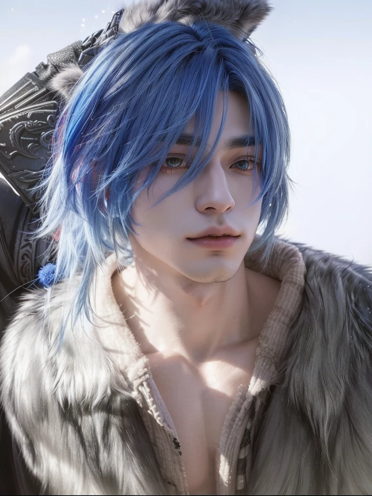 arafed man with blue hair and a furry coat posing for a picture, xqc, cai xukun, v from devil may cry as an elf, cosplay realista, blue elf, as anime character, from final fantasy, Ulzzang spacious, cosplay de anime, elfo com blue fur, he has dark gray hair, with blue hair, blue fur