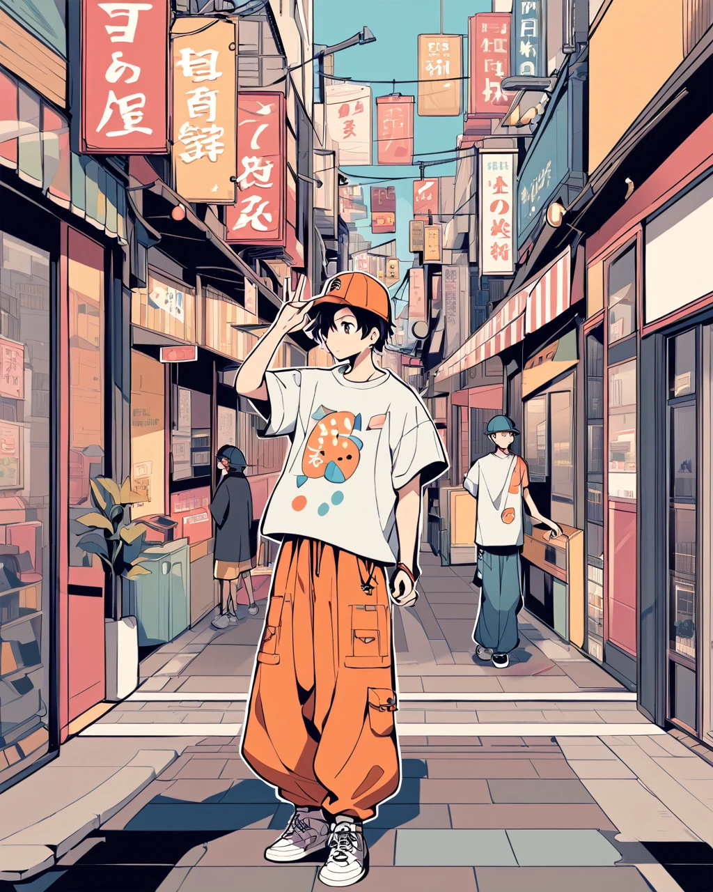 Create a detailed anime illustration of a boy with short hair standing on a vibrant, bustling urban street. He should be dressed in casual streetwear: a baseball cap, baggy pants, and a graphic t-shirt. The boy is holding up a peace sign with his right hand, his expression calm and slightly neutral. Use a two-tone pastel background to highlight the modern street scene, featuring various signs in Japanese, colorful storefronts, and a generally busy atmosphere.