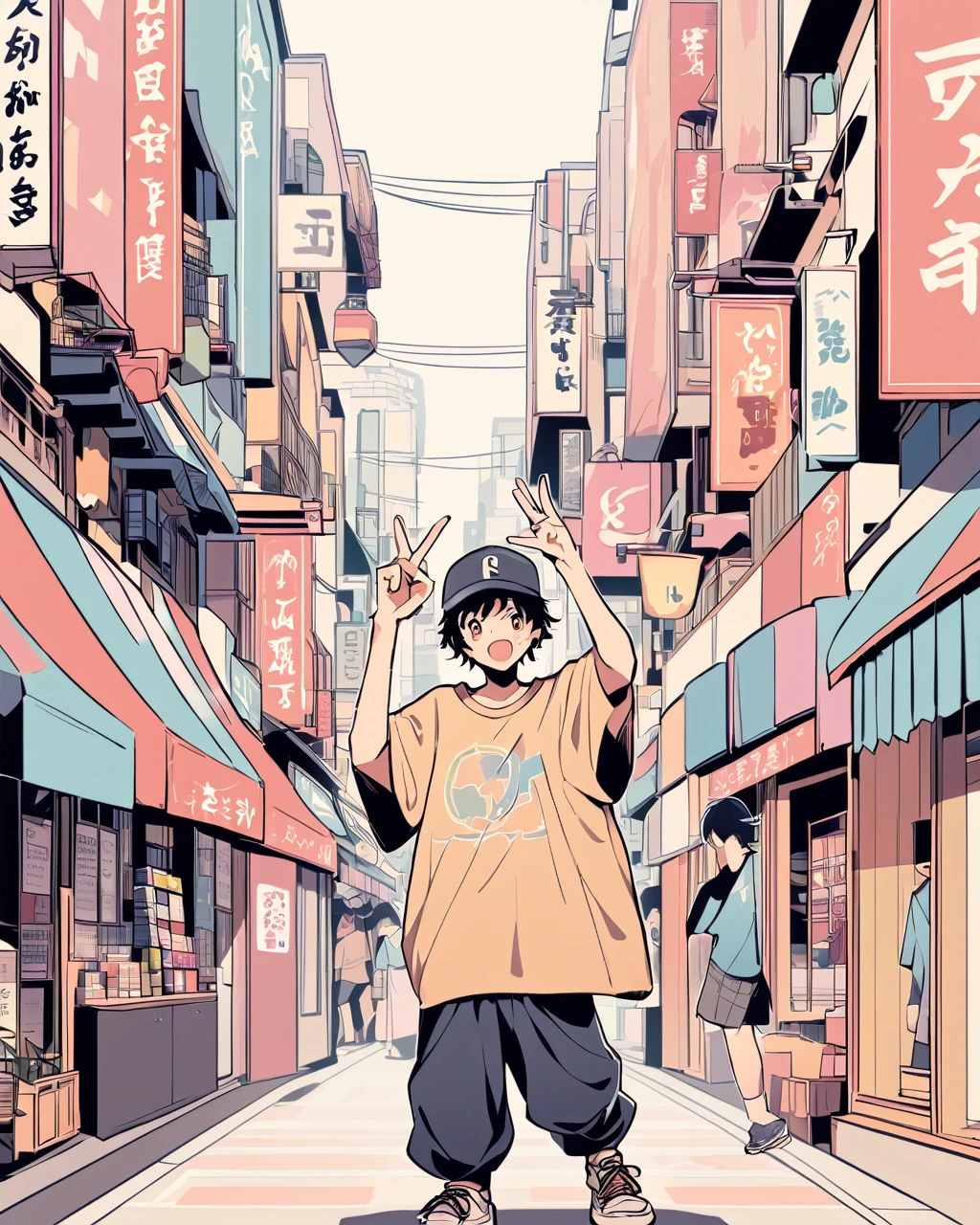 Create a detailed anime illustration of a boy with short hair standing on a vibrant, bustling urban street. He should be dressed in casual streetwear: a baseball cap, baggy pants, and a graphic t-shirt. The boy is holding up a peace sign with his right hand, his expression calm and slightly neutral. Use a two-tone pastel background to highlight the modern street scene, featuring various signs in Japanese, colorful storefronts, and a generally busy atmosphere.