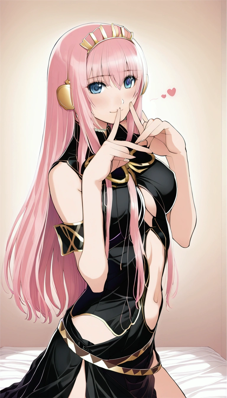 masterpiece,Beautiful adult woman ,Megurine Luka,E cup breasts,Pink long hair,blue eyes,Megurine Luka&#39;s official costume,Black costume,Gold decoration,smile,front,Making a Heart with Fingers,Bedroom,