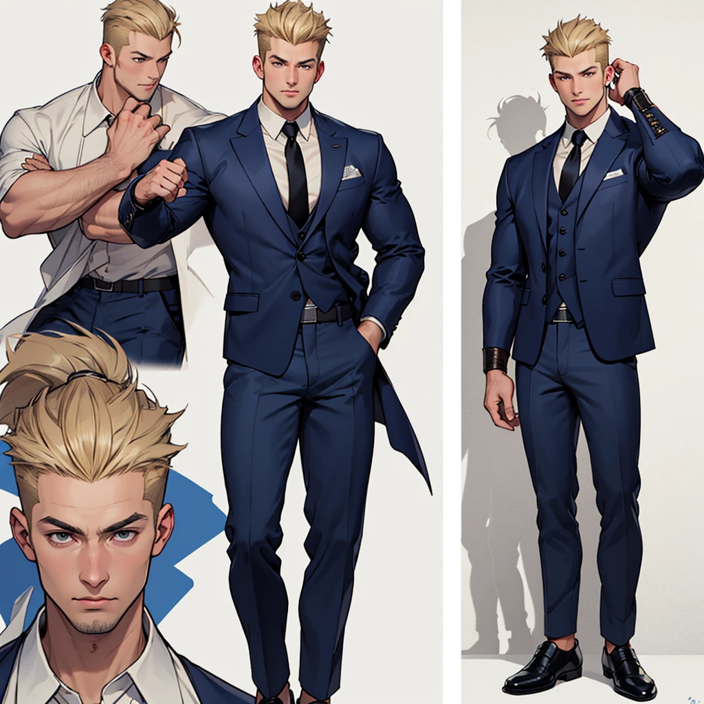 A model sheet of a muscular adult Captain America, Short blonde hair in a pompadour style in a very light tone, shaved neck. He wears a suit-style outfit with light beige colors., navy blue blouse and black tie. Wearing navy blue pants and black shoes. Using detailed gauntlets. In action and movement poses, various face angles,  expressions. 8 k quality.