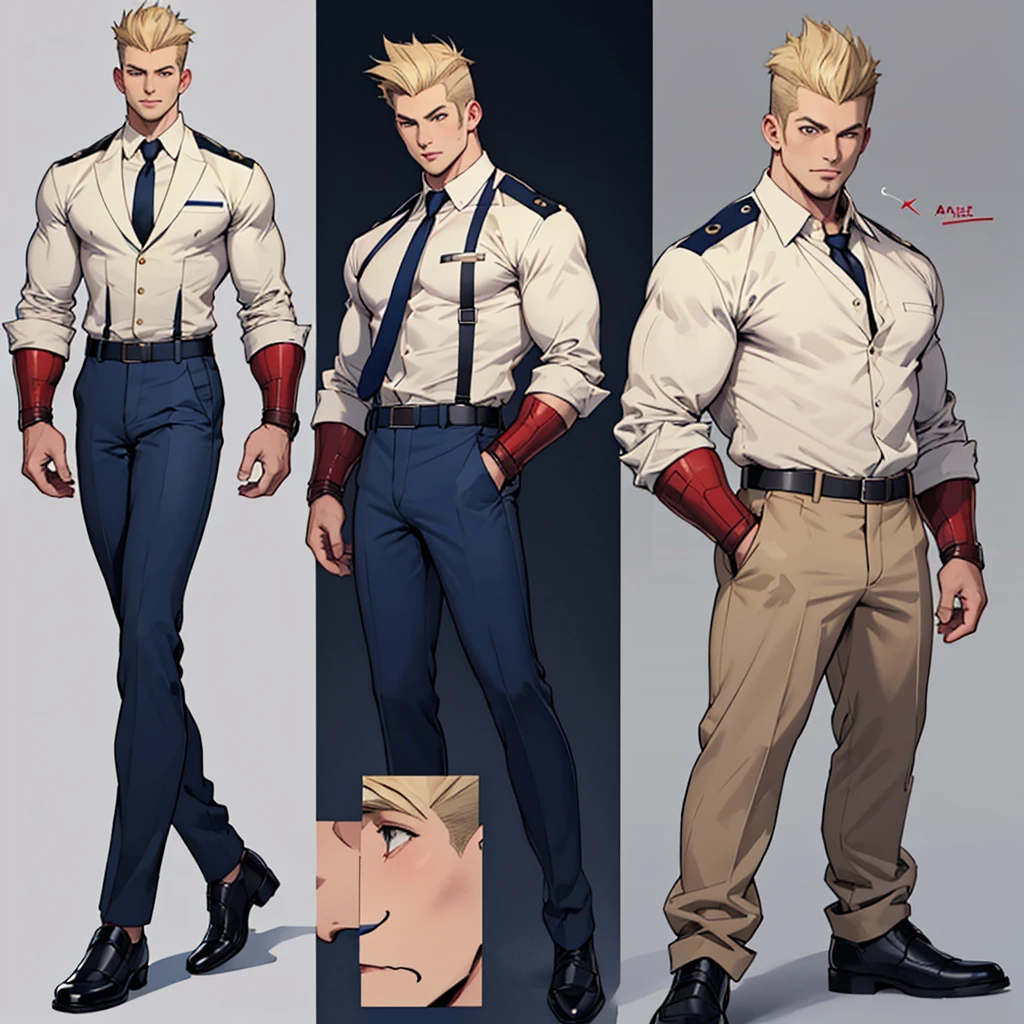 A model sheet of a muscular adult Captain America, Short blonde hair in a pompadour style in a very light tone, shaved neck. He wears a suit-style outfit with light beige colors., navy blue blouse and black tie. Wearing navy blue pants and black shoes. Using detailed gauntlets. In action and movement poses, various face angles, Facial expressions. 8 k quality.