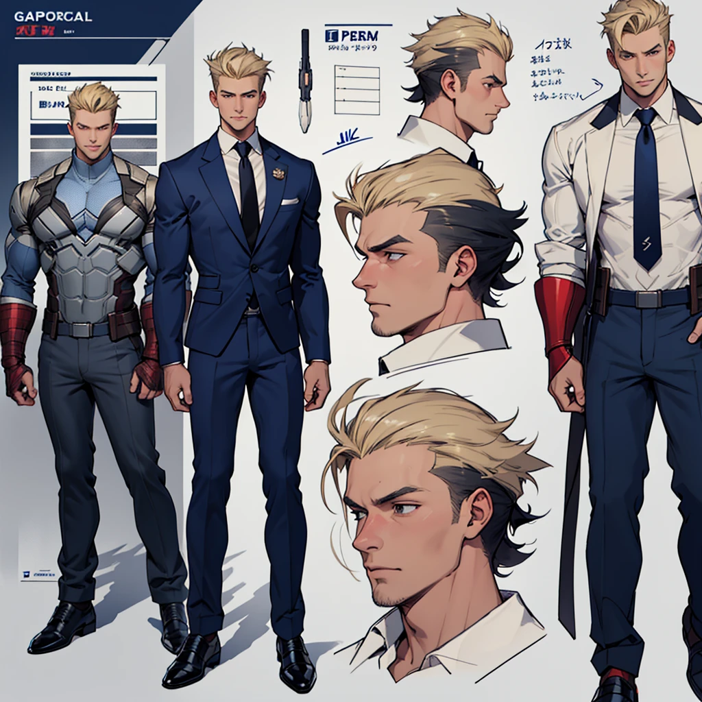 A model sheet of a muscular adult Captain America, Short blonde hair in a pompadour style in a very light tone, shaved neck. He wears a suit-style outfit with light beige colors., navy blue blouse and black tie. Wearing navy blue pants and black shoes. Using detailed gauntlets. In action and movement poses, various face angles, Facial expressions. 8 k quality.