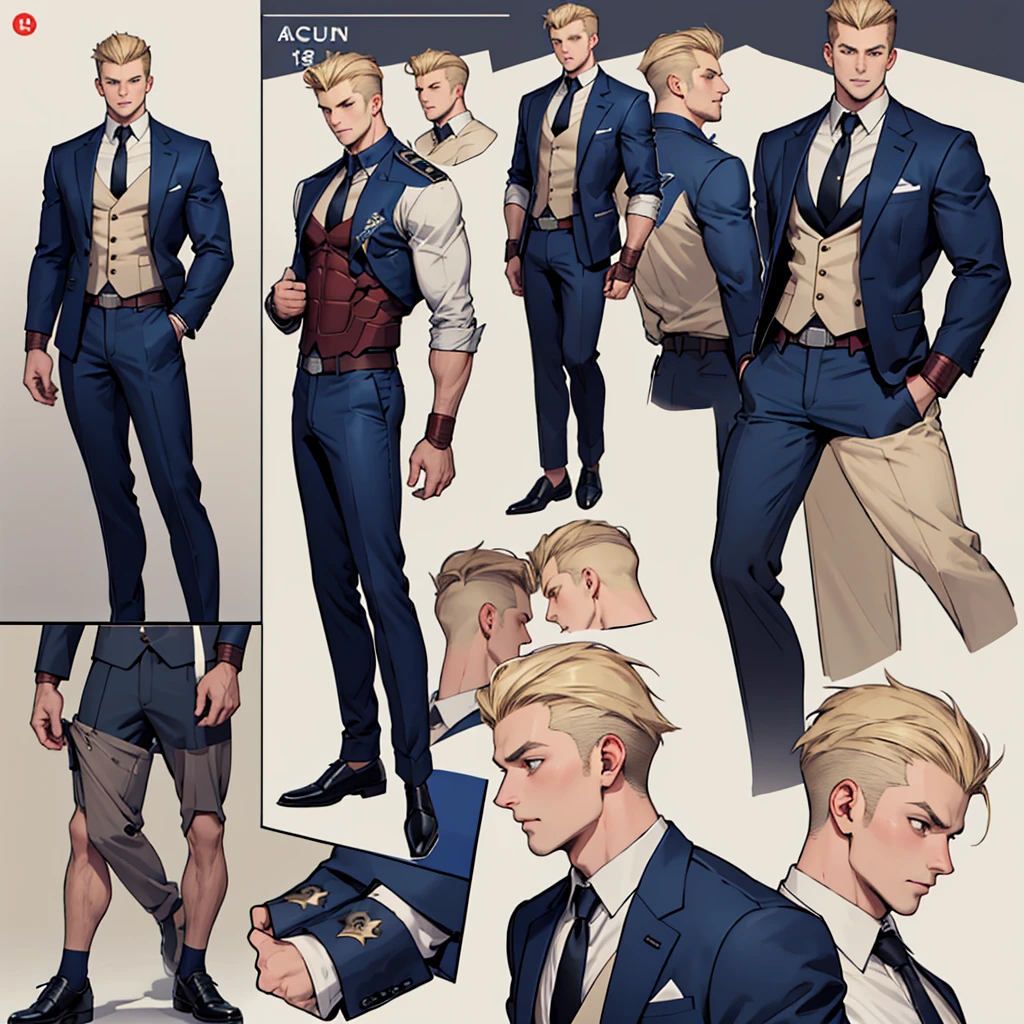 A model sheet of a muscular adult Captain America, Short blonde hair in a pompadour style in a very light tone, shaved neck. He wears a suit-style outfit with light beige colors., navy blue blouse and black tie. Wearing navy blue pants and black shoes. Using detailed gauntlets. In action and movement poses, various face angles, Facial expressions. 8 k quality.