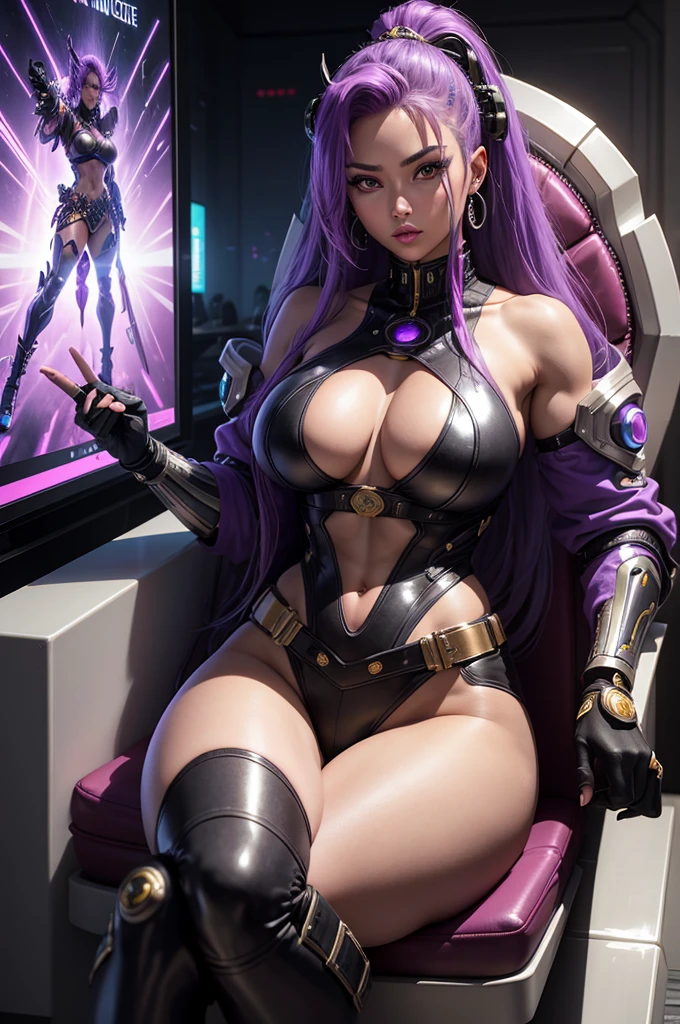 A beautiful, exuberant and very young cybernetic android warrior with black African and oriental Japanese and Chinese features, mixed with the clone of the Greek warrior goddess Athena, with super mega giant breasts, purple eyes, transformed into a super sensual and extremely muscular astronaut, fitness, fit bodybuilder and weightlifter, wearing very short, super radical punk style hair that is purple and very straight in locks, wearing cyberpunk battle clothes, in a gigantic, luxurious futuristic throne room, sentada bem a vontade e comfortable numa pose extremamente sensual em um enorme, comfortable, luminous, resplendent, luxurious and shiny high-tech throne filled with crystal and diamond encrusted jewels while using one hand in the air to key a large virtual digital panel made of light next to you