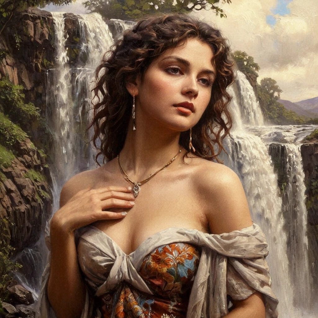 arafed woman in a dress standing in front of a waterfall, karol bak uhd, michael whelan and karol bak, realistic fantasy painting, extremly detailed oil painting, beautiful realistic painting, style of karol bak, sensual painting, by Karol Bak, hyperrealistic fantasy art, beautiful digital artwork, realistic oil painting, super detailed oil painting