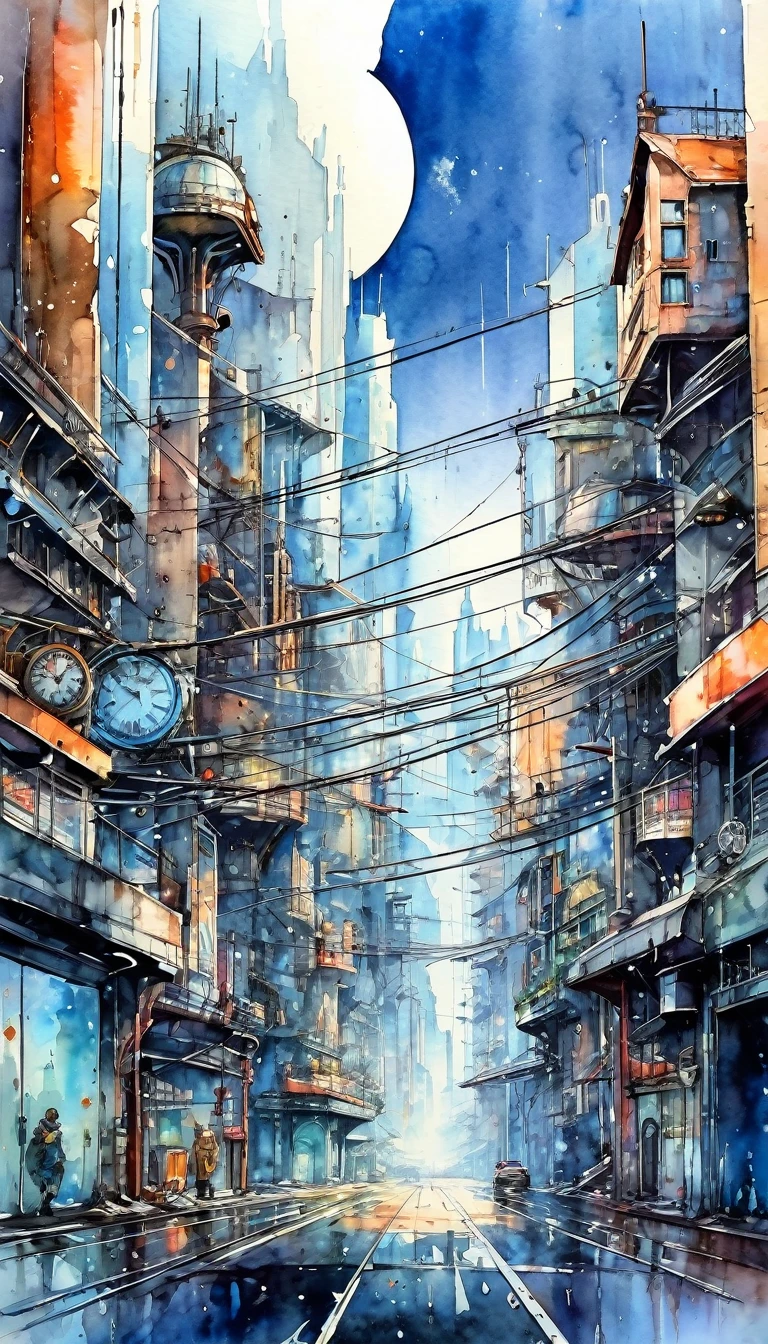 best quality, super fine, 16k, delicate and dynamic, superb watercolor landscape painting, with cyberpunk dieselpunk clockpunk steampunk cities towering on all four sides of the kaleidoscope, new and old, learning from the past, (magnificent view:1.5) , (watercolor techniques, bleeding, layering, dry brushing, sputtering, dripping, gradation, wiping)