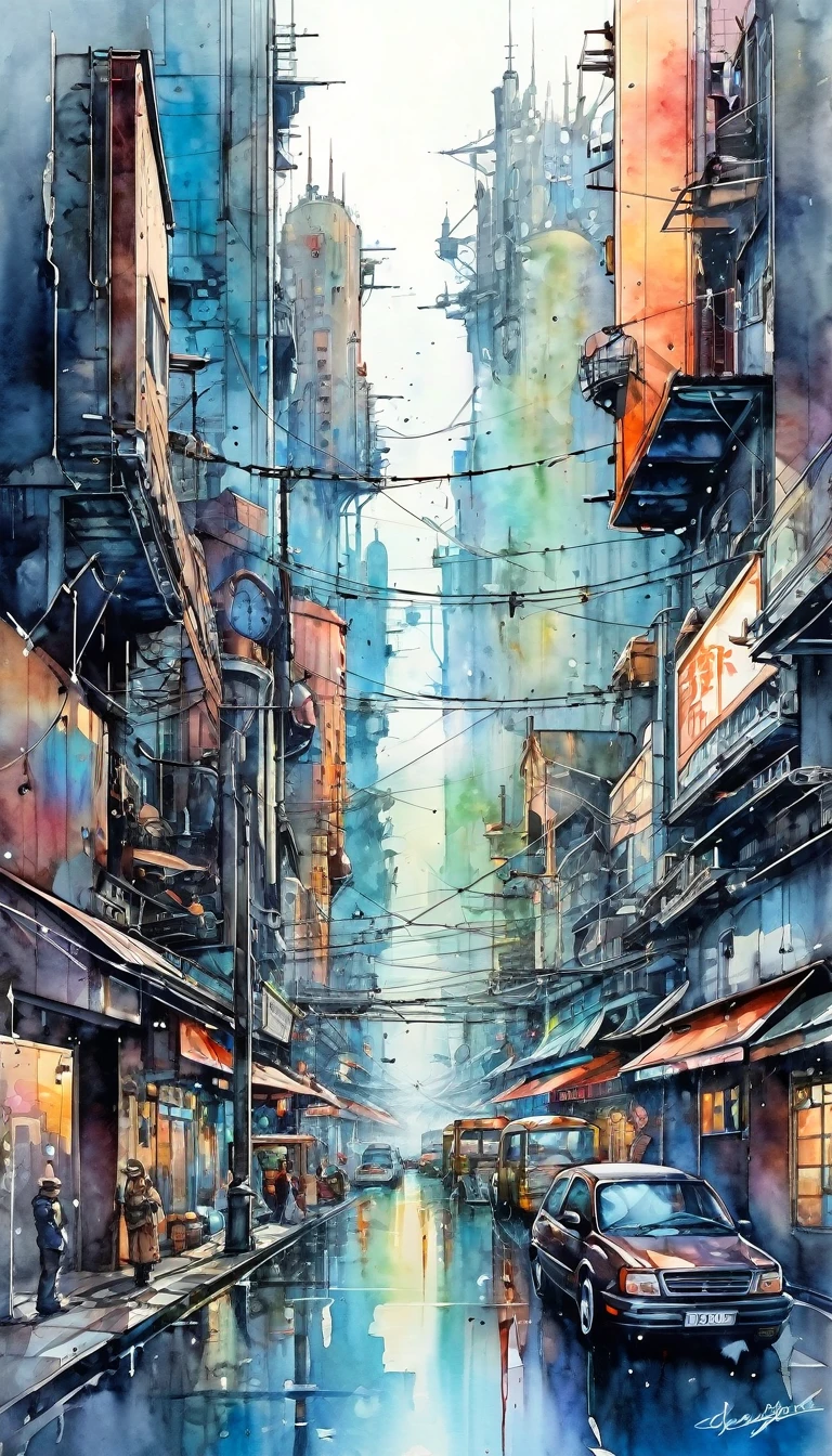 best quality, super fine, 16k, delicate and dynamic, superb watercolor landscape painting, with cyberpunk dieselpunk clockpunk steampunk cities towering on all four sides of the kaleidoscope, new and old, learning from the past, (magnificent view:1.5) , (watercolor techniques, bleeding, layering, dry brushing, sputtering, dripping, gradation, wiping)
