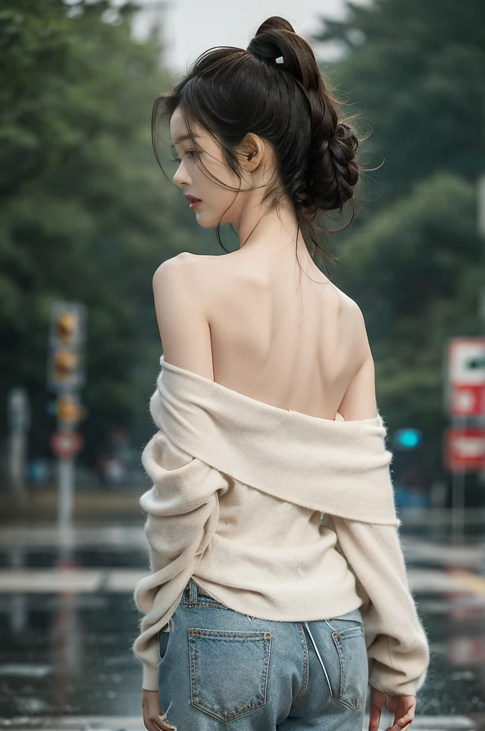 (((best quality))),(((ultra detailed))),(((masterpiece))),illustration,1girl, young,solo, slim,thin,short ponytail,((bare back,towering hips,butt crack)),((shoulder off,bare shoulder)),white shirt,shorts,standing,rainy night, heavy rain, drenched clothes, melancholy expression, solitude, tear rolling down cheek, wet hair, empty streets, dimly lit, deserted environment, sound of rain, footsteps, symbol of hope, abandoned, resilience, determination, walking in rain, heartbreak, loss, love fading, loneliness, body language, facial expression, dreary atmosphere, rain-soaked streets, somber mood, viewer engagement,((upper body,from back)),urban scape