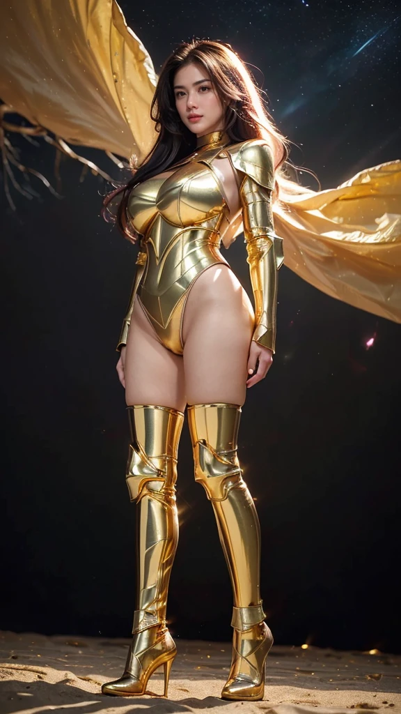 ((best quality)), ((masterpiece)), (ultra detailed lights), ((full body shot)), indonesian girl, extremely beautiful, ((slim body)), thighs gap, ultra face details, 20 years old, ((pink curvy-hair)), ((hair blown by strong winds :1.3)), Award-winning photograph, ((symmetrical pose)), teen goddess in ((full body golden black armor)) are in the middle of battlefield, posing in the middle, ((thight golden armour)), ((extremely details armor)), ((tight latex panties)), ((24k-gold armor)), ((edge luminous armor)), epic lights reflections, at beach, full of stars, orange clouds, nebula sky, epic aurora borealis in the background, shooting stars, ((from below))