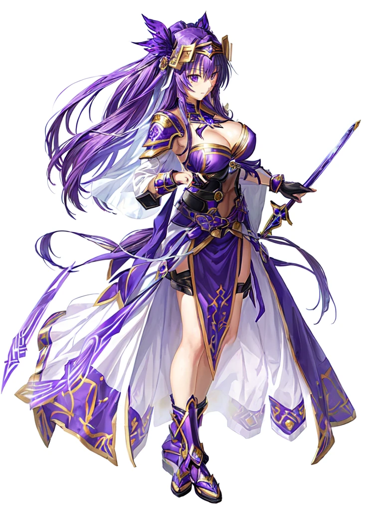 female warrior, sexy, attractive body, pretty face, female priestess knight, wear priestess clothes, Tohka Yatogami from date a live, purple hair, purple eyes,