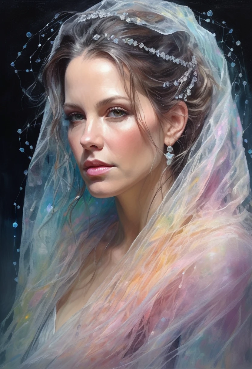 A hauntingly ethereal portrait of a woman with a veil and crystals in her hair,in an abstract style of a mysterious female figure ohwxkb, draped in translucent fabric, crystals decorate hair, amidst a fabulous whirlpool of pastel colors and soft light, evoking a feeling of calm serenity and elusive beauty, high detail, An award-winning masterpiece with incredible detail . Unrepresentative, Colors & Shapes, Expressing Feelings, creative, very detailed 