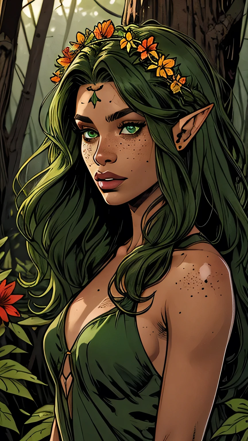 beautiful, green long messy hair, side part hairstyle, dark green eyes, flower crown, darker skin, freckles, elf, forest, full character