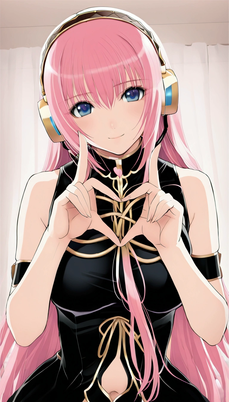 masterpiece,Beautiful adult woman ,Megurine Luka,E cup breasts,Pink long hair,blue eyes,headphone,Megurine Luka&#39;s official costume,Black costume,Gold decoration,smile,front,Making a Heart with Fingers,Bedroom,