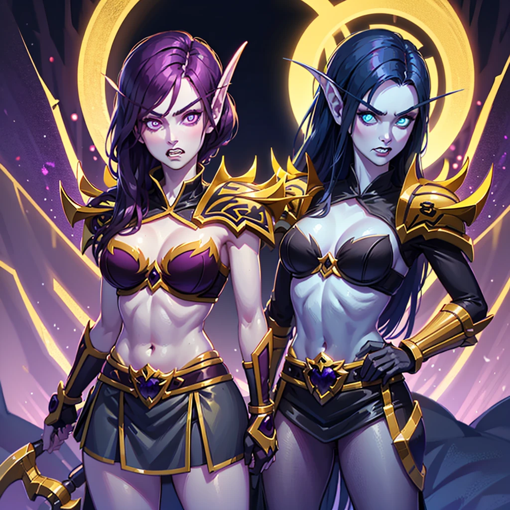 (1girl, purple hair, short hair, spiral eyes, angry, clenched teeth) (digital) (looking at viewer) (upper body) (standing), (Dark Purple Sparkling Forest background), (short skirt)) , best quality, pointy ears, colored skin, blue skin, glowing, cleavage, armor, Purple armor, gold trim, navel, voidelf, twoheads, conjoined_dicephalus, 