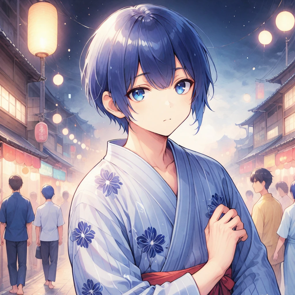 Navy Blue Hair,Dark blue eyes,mash,yukata,boy
