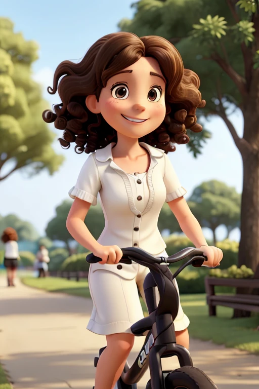 a photo of adriele carinss a 36 year old woman, happy and smiling, white, shoulder length curly brown hair, brown eyes, white blouse, black pants, riding a bike in the park