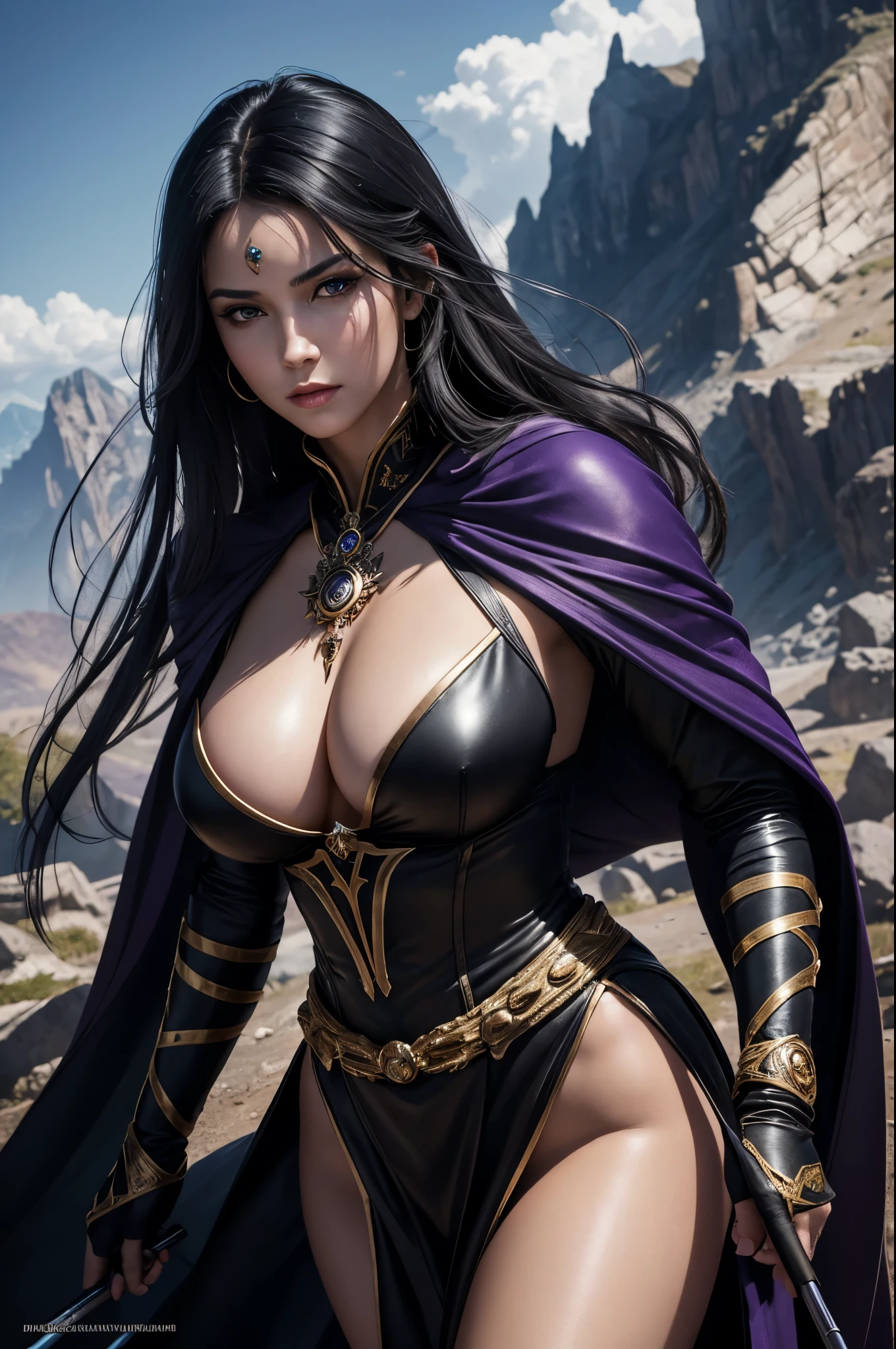 8k,Photorealistic　RAW Photos　Highest quality;1.4) 　(1 adult female)　Super Beauty　(A vivid face),Look at your face　long blue-black hair　The phantom empress with glowing purple eyes　Black and silver aristocratic big breast look　Luxurious black robe,　Golden decoration　Glare　Big black and gold walking stick,　Wearing black leather gloves　Remains　Gwaitz Style　purple rouge　Realistic　Exact details,Beautiful expression　Details of each part　Ultra-high resolution　超Realistic　Charm　Instep　Realistic Skin　Fantasy Queen　An inviting gaze　Emphasize cleavage,,Compensate,masterpiece,Highest qualityのPhotorealisticなRAW Photos。Bright colors,Rich colors, Backlight, Cinema Lighting, Film Grain, 50mm lens, Nikon D850,Detailed character art,Fantasy art,Ultra-high resolution,Ultra-Realistic Skin,Perfect hand shape,Muscular Beauty,Dynamic fighting pose,In the mountains,Devil's Makeup,A big magic circle behind(Purple effect),