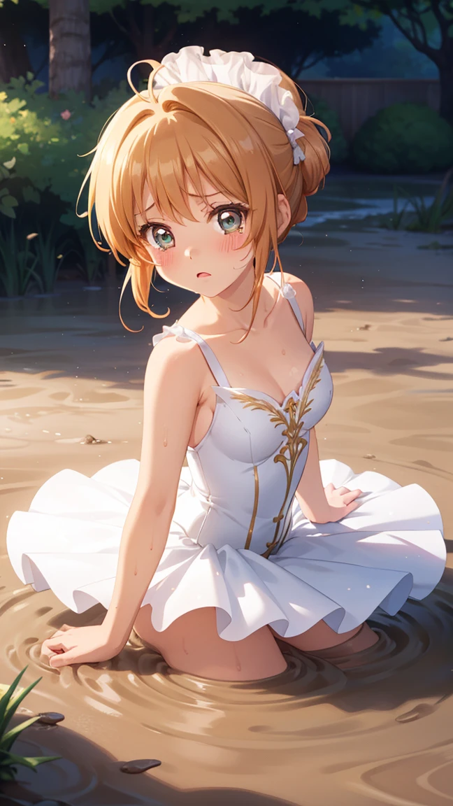 masterpiece, best quality, highres, 1girl, detailed face, blush, anime CG style, (medium breasts), (18 year old girl:1.3), (aged up), good lighting, perfect body, sakura kinomoto, glossy lips, looking at viewer, ballerina, (tutu), upset, tears in her eyes, (partially submerged, sinking in mud)