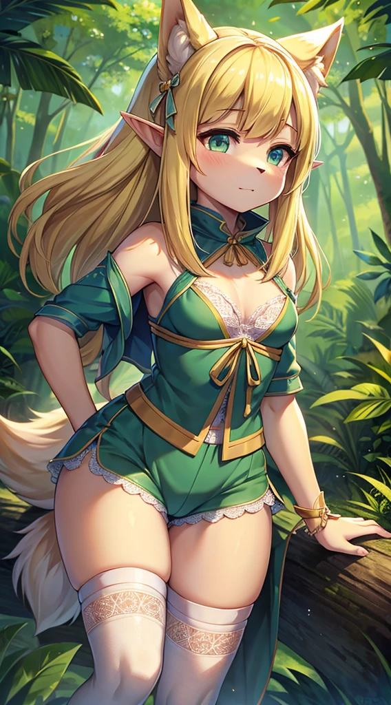 Wolf Girl,Wolf Ear Girl,furry,furry,hairy,Blonde hair all over,furry,白色丝绸Knee socks,Knee socks,蕾丝花边Knee socks,Lace style decoration,Elf style clothing,shorts,蕾丝花边shorts,白色花边shorts,猎人shawl,绿色shawl,shawl,Big Ass,Pseudo-sissy ass,femboy,Green Hunter Costume,Forest Background,Jungle Background,Outdoor Background,Bow and Arrow,Quiver,背着Bow and Arrow,flat chest,Chest wrap
