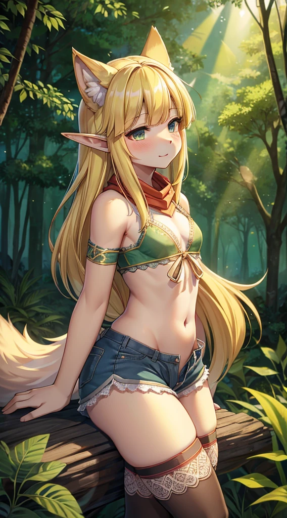 Wolf Girl，Wolf Ear Girl，furry，furry，hairy，Blonde hair all over，furry，白色丝绸Knee socks，Knee socks，蕾丝花边Knee socks，Lace style decoration，Elf style clothing，shorts，蕾丝花边shorts，白色花边shorts，猎人shawl，绿色shawl，shawl，Big Ass，Pseudo-sissy ass，femboy，Green Hunter Costume，Forest Background，Jungle Background，Outdoor Background，Bow and Arrow，Quiver，背着Bow and Arrow，flat chest，Chest wrap