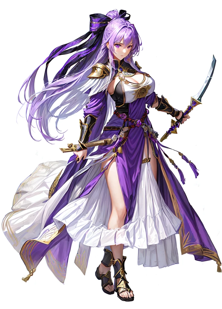 female warrior, sexy, attractive body, pretty face, female priestess knight, wear priestess clothes, purple hair, purple eyes,