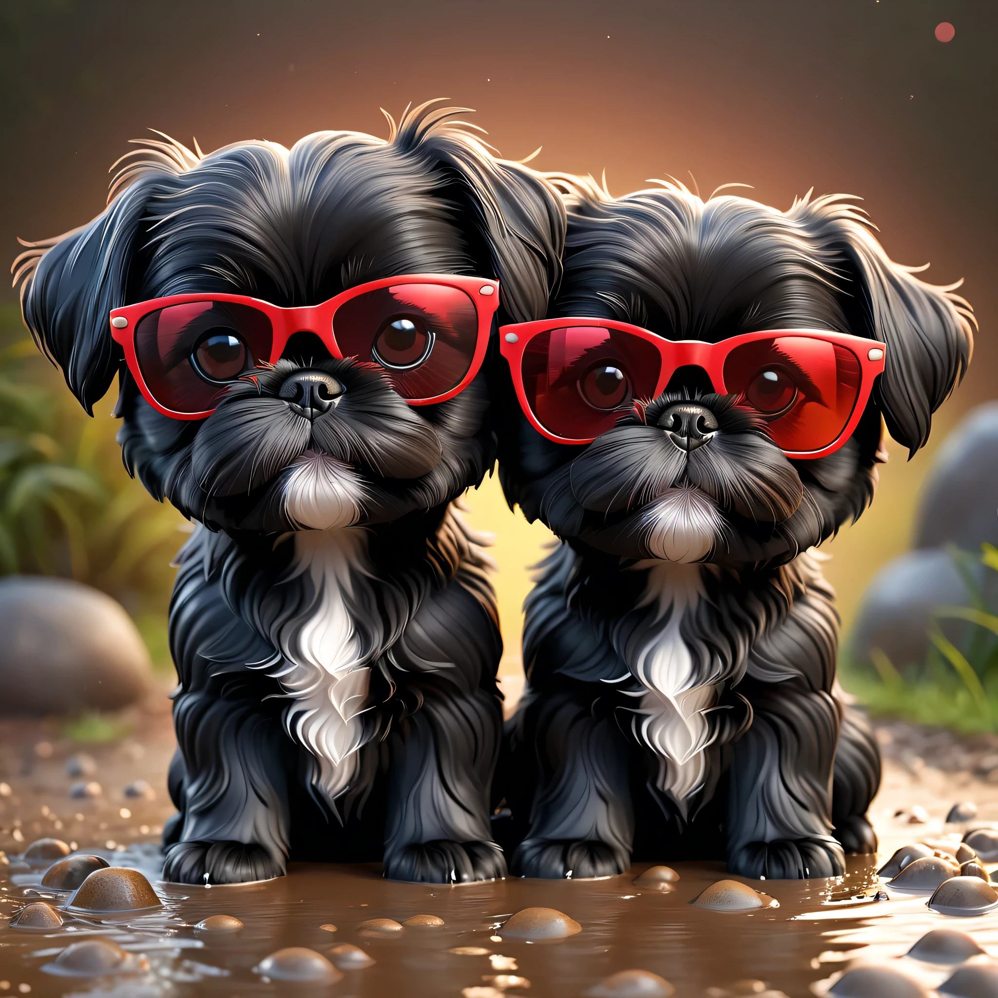 2 Adorable small black Shih Tzu puppies red sunglasses muddy 3d cartoon 3d render disney pixar style