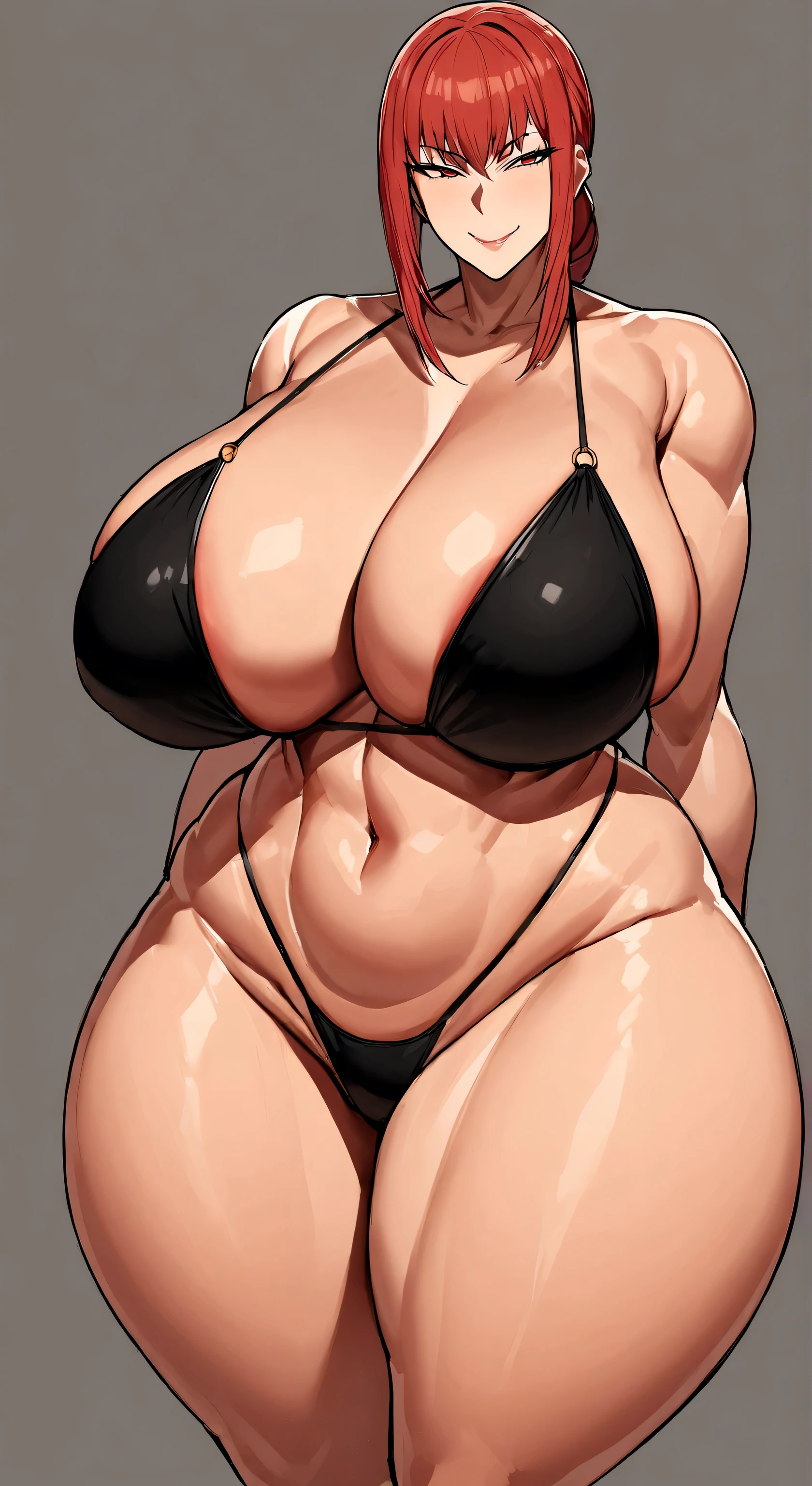 One in the picture, looks at me, very wide hips, black bikini , Red hair , Giant breasts, very thick thighs , Smirks, Snide look