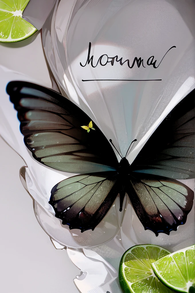 large black butterfly with its wings spread open. The background is a textured, misty grey with hints of green, creating a soft, ethereal atmosphere. There are lime slices positioned in the corners of the image, adding a vibrant pop of green color.
Overlaid on the butterfly's wing is the word "Lullm♥m" written in a yellow script font, possibly handwritten. In the bottom right corner, there is a small piece of text in Russian that reads "Я люблю маму," which translates to "I love mom" in English.
The image combines natural elements with a touch of personal sentiment, creating a visually appealing and emotionally resonant design
