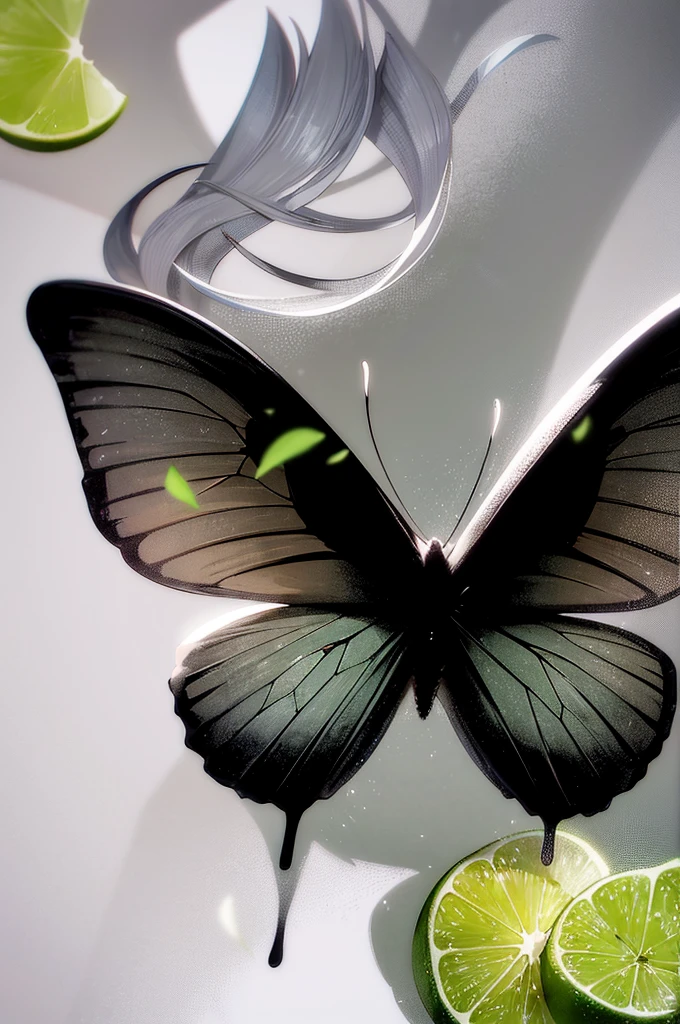large black butterfly with its wings spread open. The background is a textured, misty grey with hints of green, creating a soft, ethereal atmosphere. There are lime slices positioned in the corners of the image, adding a vibrant pop of green color.

Overlaid on the butterfly's wing is the word "Lullm♥m" written in a yellow script font, possibly handwritten. In the bottom right corner, there is a small piece of text in Russian that reads "Я люблю маму," which translates to "I love mom" in English.

The image combines natural elements with a touch of personal sentiment, creating a visually appealing and emotionally resonant design