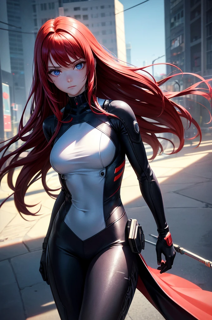 masterpiece , a girl , long red hair , blue eyes ,  slope , Perfect body , ( technical clothing:1.2) , cyberpunk , future , modern , in cyberpunk city, A faint smile , Detailed face ,, , (8k,  best quality 1.2),  Super detailed, 8k uhd,, soft light, high quality, film grain,   beautiful lights,, (cinematic:1.4) ,Perfect body , Optimal lighting, The best shadow,  Clarity, contrast,