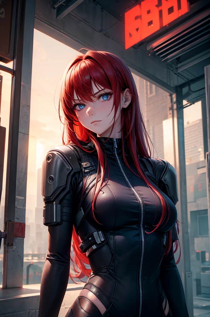masterpiece , a girl , long red hair , blue eyes , slope , Perfect body , ( technical clothing:1.2) , cyberpunk , future , modern , in cyberpunk city, A faint smile , Detailed face ,, , (8k, best quality 1.2), Super detailed, 8k uhd,, soft light, high quality, film grain, beautiful lights,, (cinematic:1.4) ,Perfect body , Optimal lighting, The best shadow, Clarity, contrast,