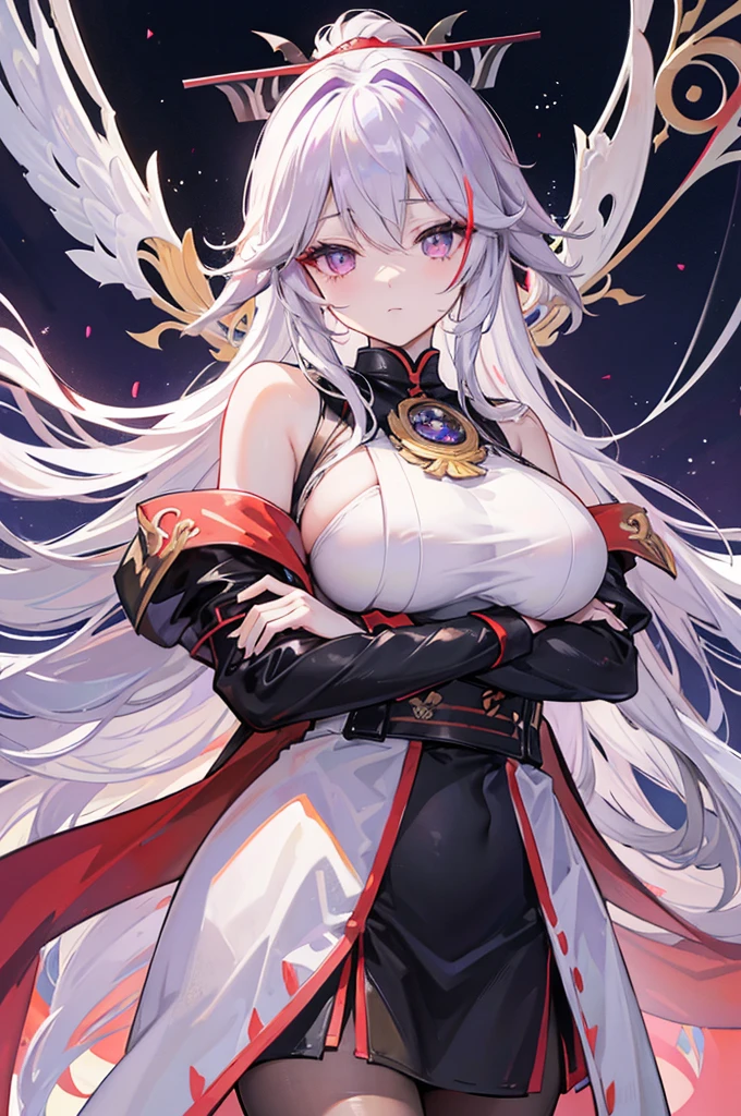 Prinz Eugen、Yae Miko、
(Right eye is yellow、Purple left eye)、
Highest quality、Highly refined、Super detailed、Sparkling Eyes、
Ultra-high resolution、Ultra HD、masterpiece、Detailed hands、
One woman、Only one person、solo、
uniform、Slit leather skirt、
Long coat、Sleeves of priestess clothes、
Leather clothing、
Ahoge、messy hair、Super long hair、
ponytail、
Saggy breasts、Long Breasts、Huge Tits、
Cross your arms、