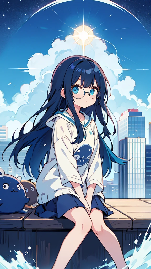 Blue-haired long hair,Design clothing,Seven-doppelganger shot,Anime style 4K,Anime girl with teal hair,High quality anime art style,Standing painting,Splash ink background,Blue Themes、Pure white background,Buildings,Face close-up,Buildings,Moon and sun、giant whale,Shining Star々,milky way,Bright Sky,Looking at me,Facing forward,Clear eyes and nose,cute,beautiful,Thin legs,Black Hair,Glasses,Sitting