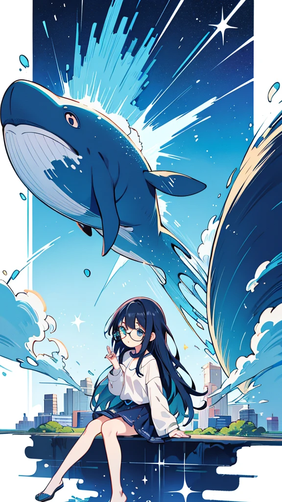 Blue-haired long hair,Design clothing,Seven-doppelganger shot,Anime style 4K,Anime girl with teal hair,High quality anime art style,Standing painting,Splash ink background,Blue Themes、Pure white background,Buildings,Face close-up,Buildings,Moon and sun、giant whale,Shining Star々,milky way,Bright Sky,Looking at me,Facing forward,Clear eyes and nose,cute,beautiful,Thin legs,Black Hair,Glasses,Sitting