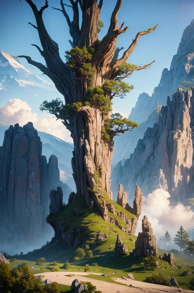 Zebos, Huge epic fantasy tree, Huge mountains, movie shot, Wide-angle view, actual, detailed skin, 8k, Popular topics on ArtStation, Smooth, 3D animation--ar 2:1 --v 5 --q 2 --s 750