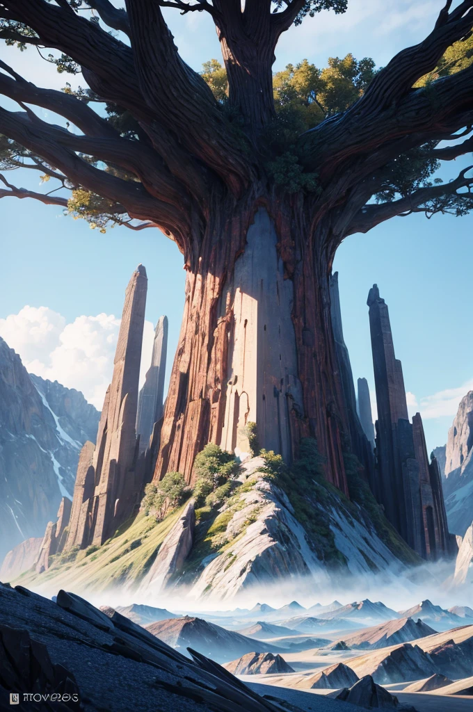 Zebos, Huge epic fantasy tree, Huge mountains, movie shot, Wide-angle view, actual, detailed skin, 8k, Popular topics on ArtStation, Smooth, 3D animation--ar 2:1 --v 5 --q 2 --s 750