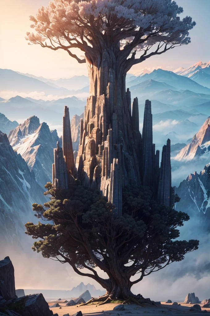 Zebos, Huge epic fantasy tree, Huge mountains, movie shot, Wide-angle view, actual, detailed skin, 8k, Popular topics on ArtStation, Smooth, 3D animation--ar 2:1 --v 5 --q 2 --s 750