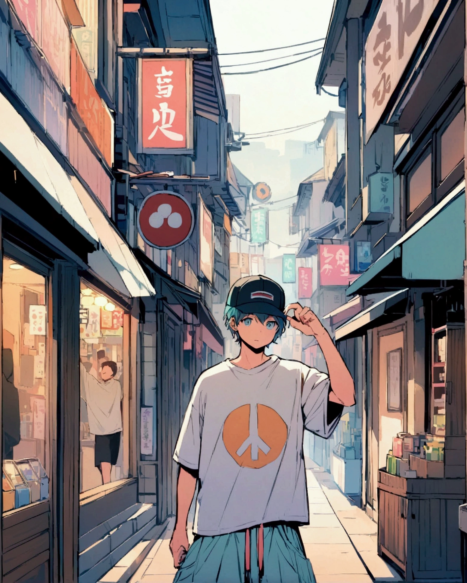 Create a detailed anime illustration of a boy with short hair standing on a vibrant, bustling urban street. He should be dressed in casual streetwear: a baseball cap, baggy pants, and a graphic t-shirt. The boy is holding up a peace sign with his right hand, his expression calm and slightly neutral. Use a two-tone pastel background to highlight the modern street scene, featuring various signs in Japanese, colorful storefronts, and a generally busy atmosphere.