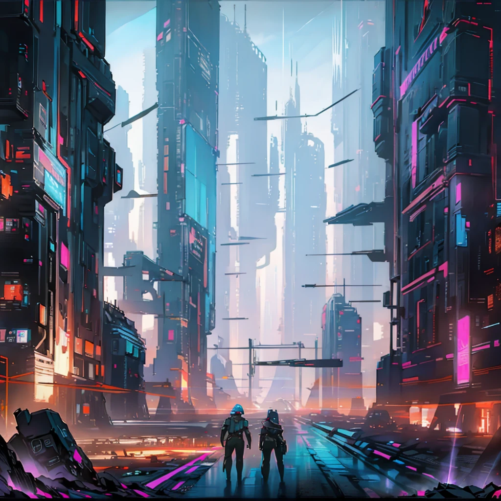 Imagine a devastated wasteland with destroyed buildings and ruins covered in dust. The sky is tinged with shades of neon blue and purple, with a diffused light illuminating the barren landscape. Add signs of ancient technology and rusty metal structures. On the horizon, include details of broken machines and robots, giving a touch of technology in a desolate environment. The atmosphere should convey a sense of desolation and mystery, with a vibrant contrast of neon colors.